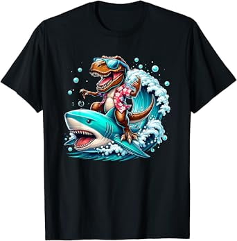Beach Lover T-Rex Dinosaur Riding Shark Surfing Ocean Wave T-Shirt