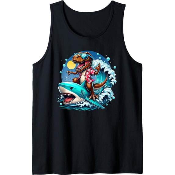 Beach Lover T-Rex Dinosaur Riding Shark Surfing Ocean Wave Tank Top ...