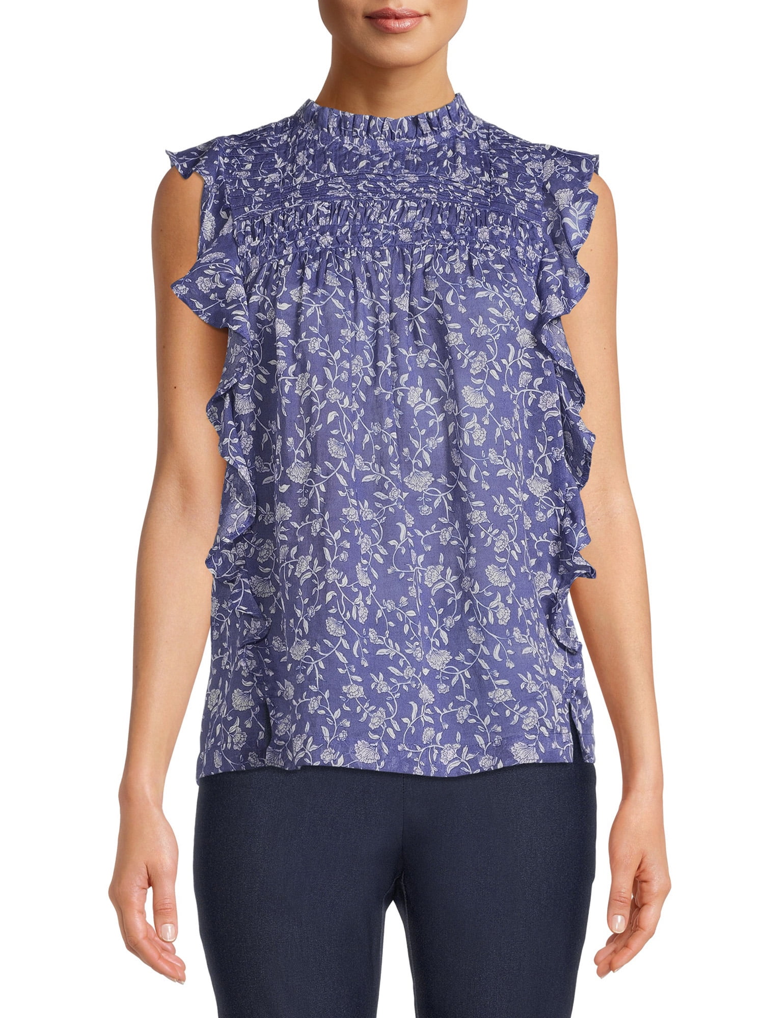 Beach Lunch Lounge Women's Pleated Yoke Top with Ruffle Inset - Walmart.com