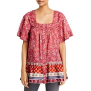 Beach Lunch Lounge Womens Nica Square Neck Printed Button-Down Top