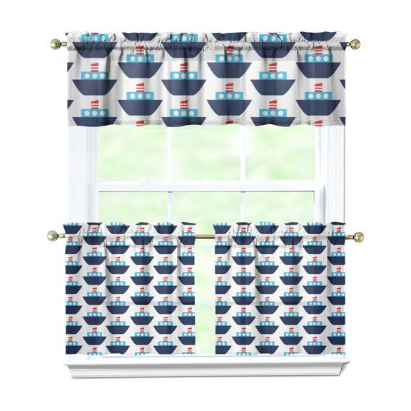 Beach Marine Kitchen Curtains Set Nautical Anchor Lighthouse Wave Horizon Coastal Ship Boat Tier and Valance Curtains with Travel and Sea Theme