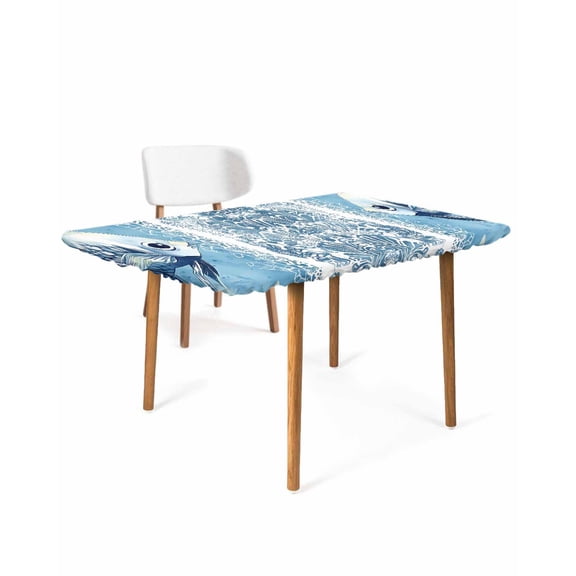 Beach Marine Life Rectangle Tablecloth, Waterproof Elastic Fitted Table Covers for 4 Foot Tables, 24x50inch Decorative Tablecloths for Picnic, Camping, Indoor, Outdoor, Ocean Fish Watercolor Retro