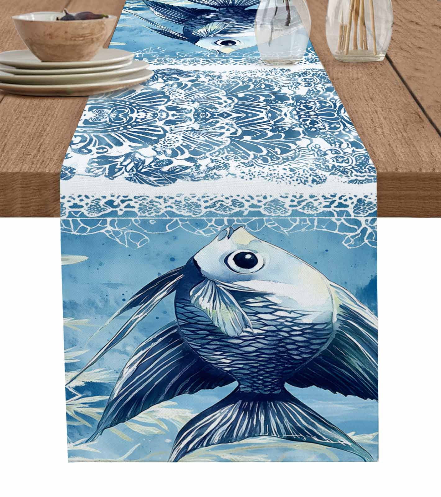 Beach Marine Life Table Runner 48 Inches, Ocean Fish Watercolor Retro ...