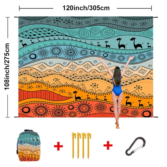 Beach Mat 108x120inch, 4* Long-lasting And Durable ABS Anchor Stakes, Lightweight And Portable, Soft And Comfortable Material, Easy to Clean And Organize; Very Suitable for Travel, Party,
