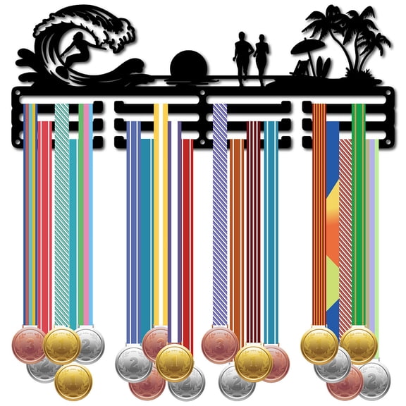 Beach Medal Holder Medals Display Hanger Black Coconut Tree Surf Run Iron Wall Mounted Hanging Hooks Medal Rack Organizer Medal Holder Shelf Sport