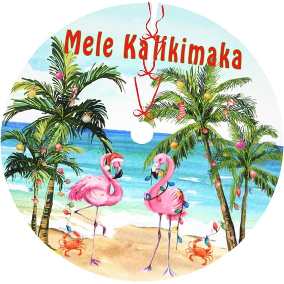 Beach Mele Kalikimaka Flamingo Christmas Hawaii Coastal Christmas Tree Skirt 36 Inch for Xmas Halloween Holiday New Year Party Circle Tree Mat Decor Ornaments Decoration