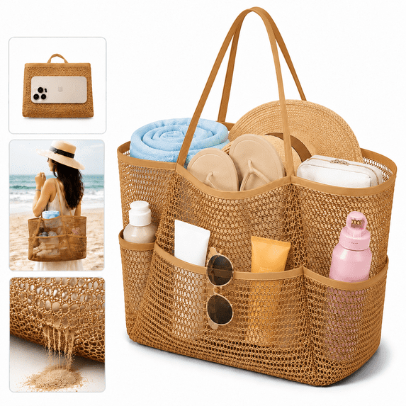 Hydeng Beach Mesh Bag for Women, Sandproof Woven Shoulder Handbag, Large Travel & Pool Bag,Lightweight Vacation Cruise Tote
