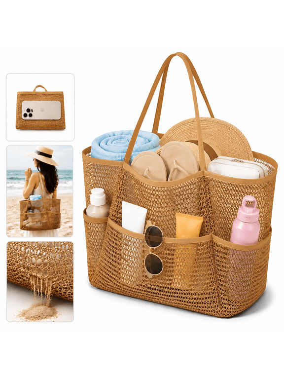 Beach Mesh Bag for Women, Sandproof Woven Shoulder Handbag, Large Travel & Pool Bag,Lightweight Vacation Cruise Tote