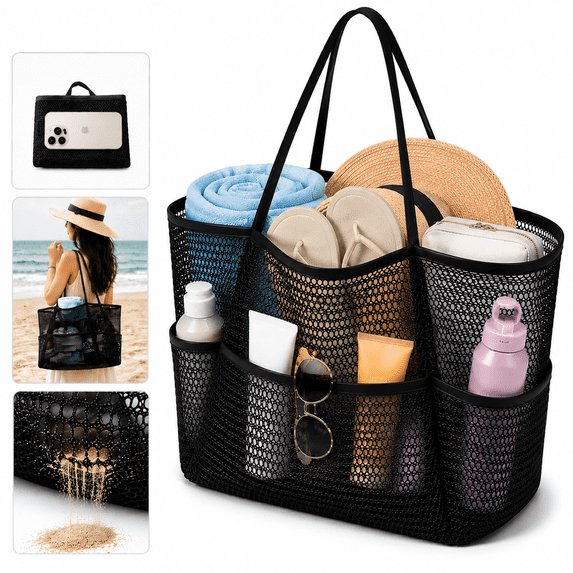 Hydeng Beach Mesh Bag for Women, Sandproof Woven Shoulder Handbag, Large Travel & Pool Bag,Lightweight Vacation Cruise Tote