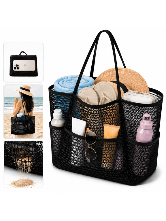 Beach Mesh Bag for Women, Sandproof Woven Shoulder Handbag, Large Travel & Pool Bag,Lightweight Vacation Cruise Tote