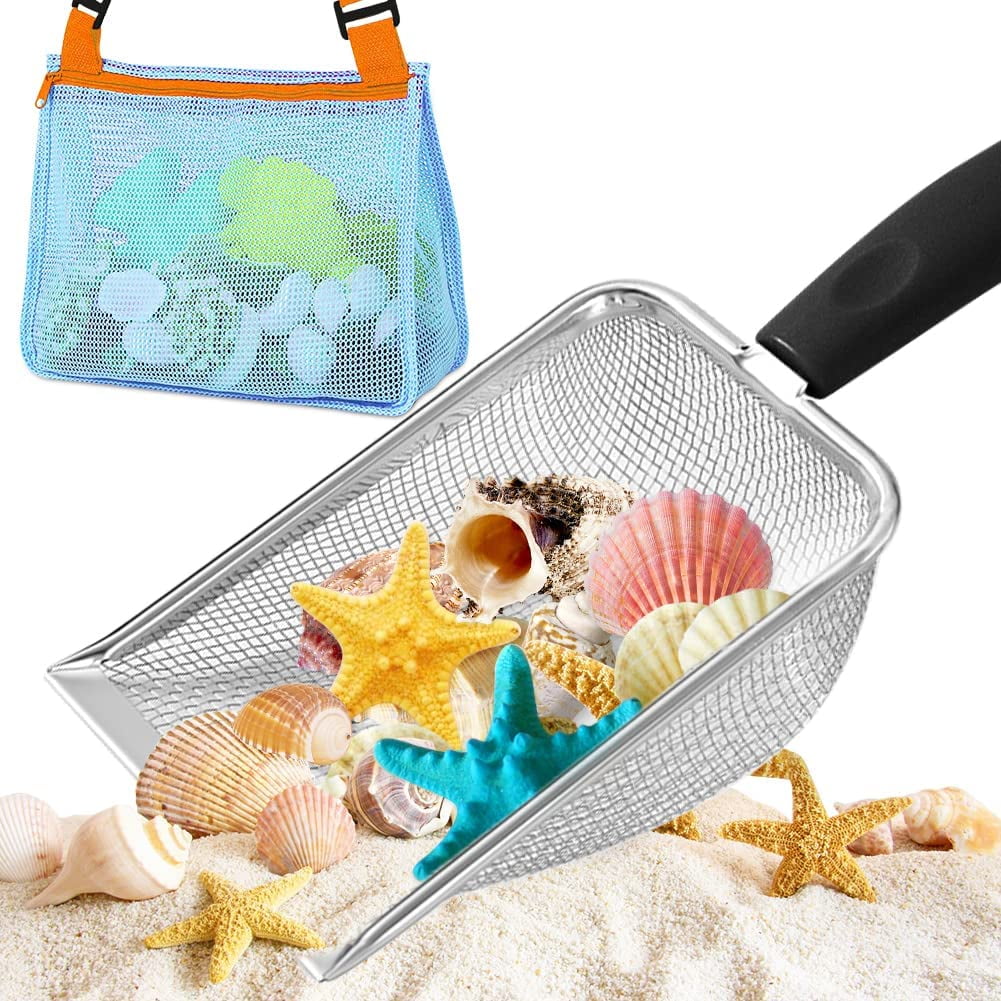 Beach Mesh Shovel with Mesh Beach Bag for Shell Collecting, Kids Filter Sand Scooper for Picking Up Shells, Shark Tooth Sifter Dipper for Boys and Girls, Beach Toy