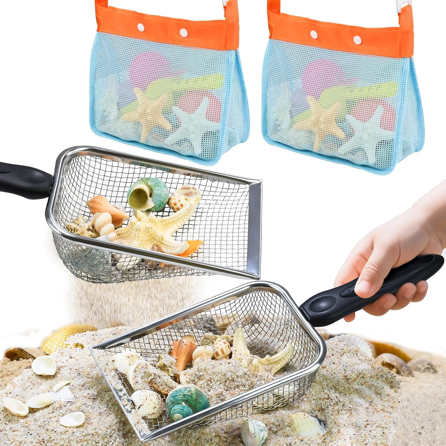 Beach Mesh Shovel Sand Sifters with Mesh Beach Bag, Shark Tooth Sifter ...