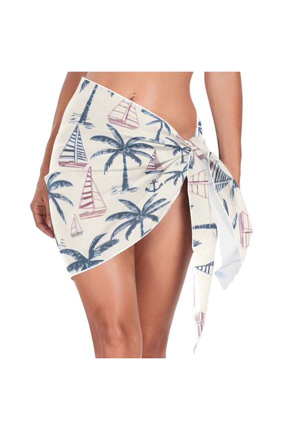 Beach Mini Dress Anchor Palm Tree Ship Swimsuit Coverup for Women Swimwear Cover Ups Short Triangle Beach Skirt L