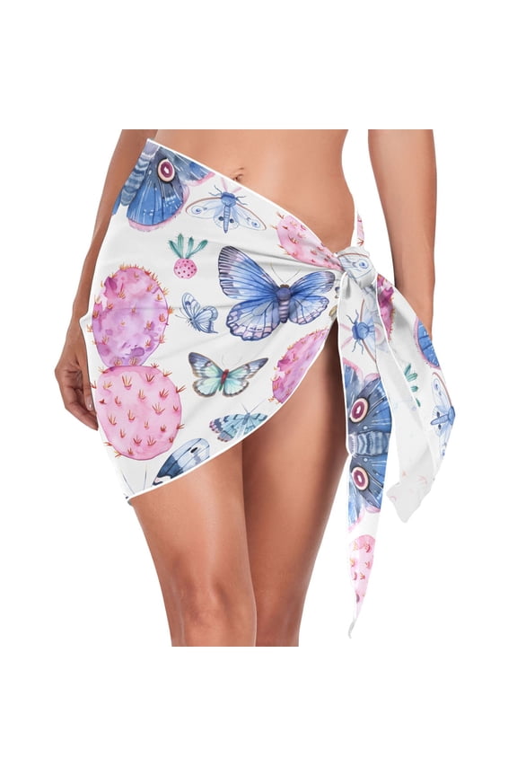 Beach Mini Dress Cactus and Cute Moths Butterflies Swimsuit Coverup for Women Swimwear Cover Ups Short Triangle Beach Skirt M