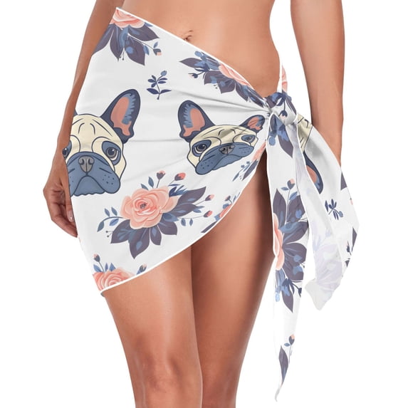 Beach Mini Dress Cartoon French Bulldog Face Swimsuit Coverup for Women Swimwear Cover Ups Short Triangle Beach Skirt L