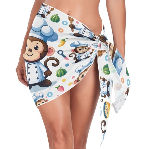 Beach Mini Dress Cartoon Monkey Animal Chef Swimsuit Coverup for Women Swimwear Cover Ups Short Triangle Beach Skirt M