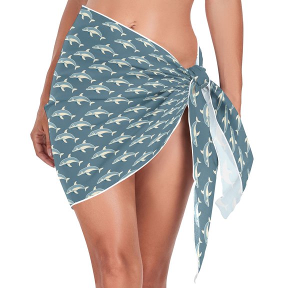 Beach Mini Dress Cartoon Tiny Dolphins Swimsuit Coverup for Women Swimwear Cover Ups Short Triangle Beach Skirt L