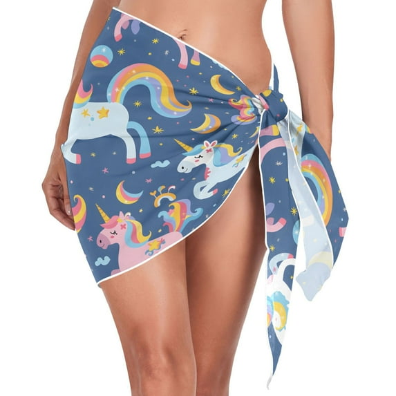 Beach Mini Dress Cartoon Unicorns and Moon Swimsuit Coverup for Women Swimwear Cover Ups Short Triangle Beach Skirt M