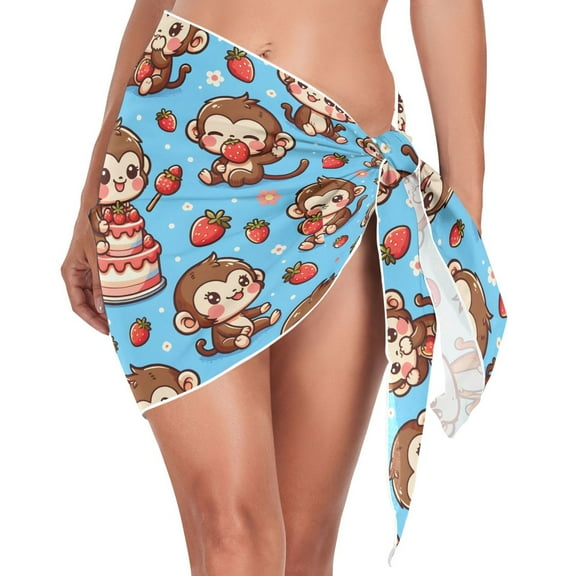 Beach Mini Dress Cute Monkey on Cake Swimsuit Coverup for Women Swimwear Cover Ups Short Triangle Beach Skirt L