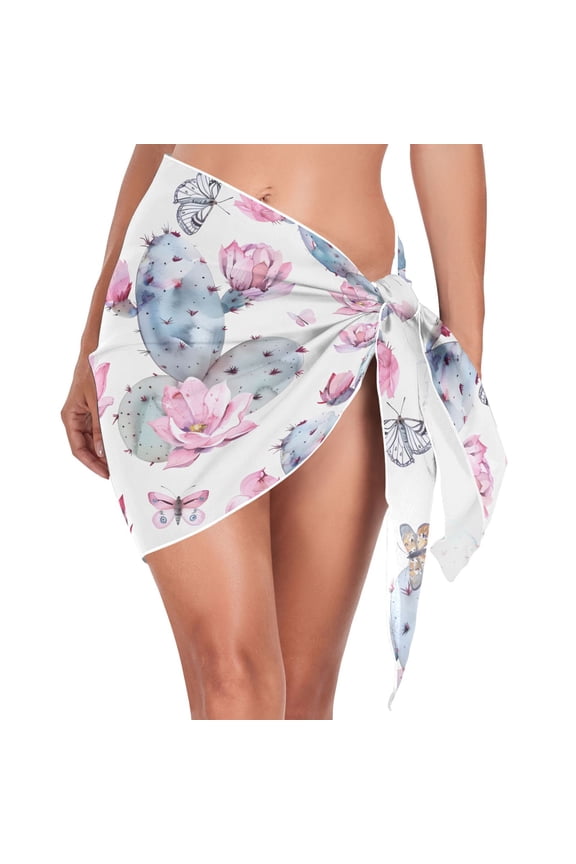 Beach Mini Dress Opuntia Cactus Moths Butterfly Swimsuit Coverup for Women Swimwear Cover Ups Short Triangle Beach Skirt M