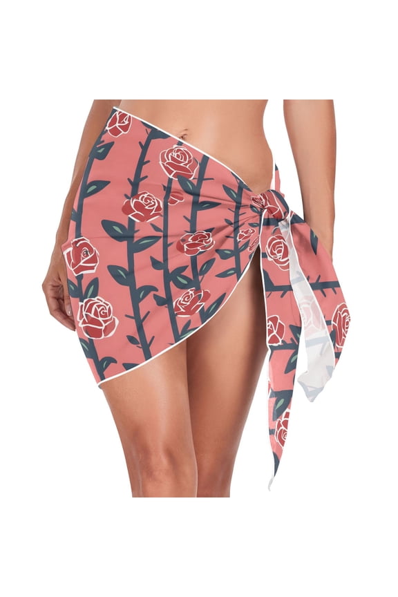 Beach Mini Dress Rose on Stems Swimsuit Coverup for Women Swimwear Cover Ups Short Triangle Beach Skirt S