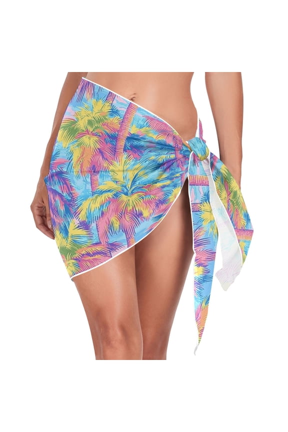 Beach Mini Dress Vibrant Color Palm Trees Swimsuit Coverup for Women Swimwear Cover Ups Short Triangle Beach Skirt L