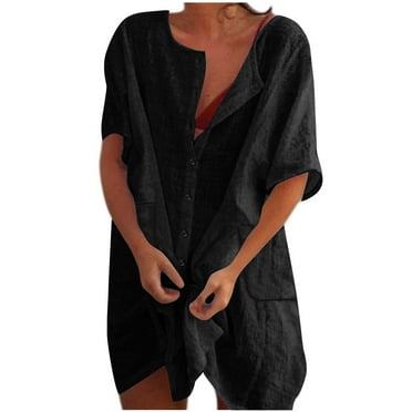 Beach Mini Dress with Pockets Cover Ups Women Short Sleeve Linen Button Up Shirt Dress Swimwear Coverups Dress, Black L