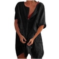 thumbnail image 1 of Beach Mini Dress with Pockets Cover Ups Women Short Sleeve Linen Button Up Shirt Dress Swimwear Coverups Dress, Black L, 1 of 5