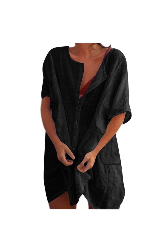 Beach Mini Dress with Pockets Cover Ups Women Short Sleeve Linen Button Up Shirt Dress Swimwear Coverups Dress, Black XL
