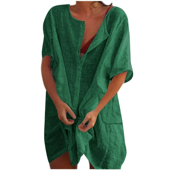 Beach Mini Dress with Pockets Cover Ups Women Short Sleeve Linen Button Up Shirt Dress Swimwear Coverups Dress, Green L
