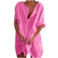 thumbnail image 1 of Beach Mini Dress with Pockets Cover Ups Women Short Sleeve Linen Button Up Shirt Dress Swimwear Coverups Dress, Hot Pink S, 1 of 5