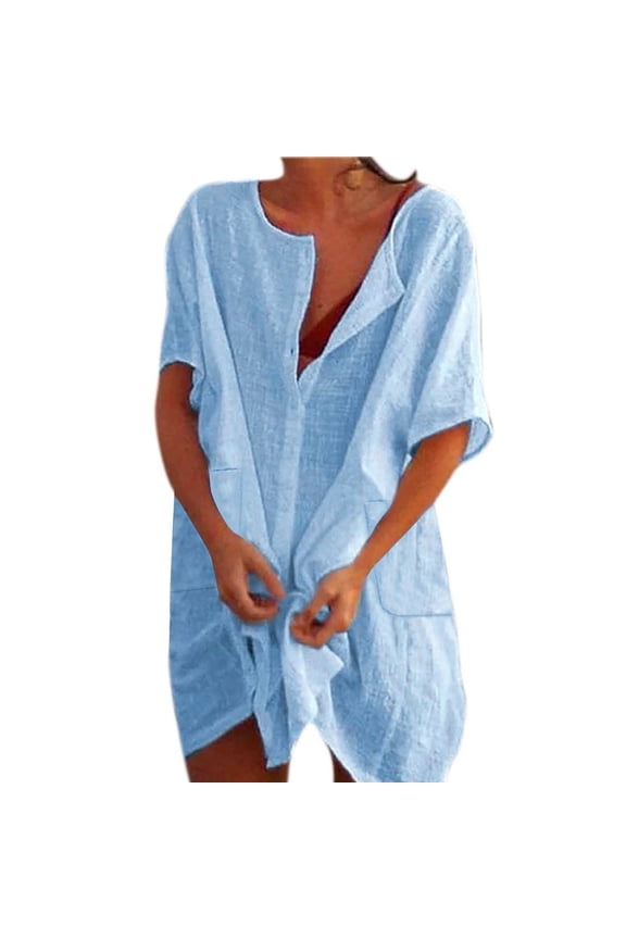 Beach Mini Dress with Pockets Cover Ups Women Short Sleeve Linen Button Up Shirt Dress Swimwear Coverups Dress, Light Blue L