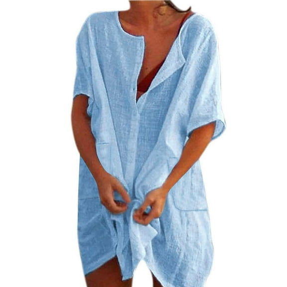 Beach Mini Dress with Pockets Cover Ups Women Short Sleeve Linen Button Up Shirt Dress Swimwear Coverups Dress, Light Blue S