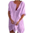 thumbnail image 1 of Beach Mini Dress with Pockets Cover Ups Women Short Sleeve Linen Button Up Shirt Dress Swimwear Coverups Dress, Purple XL, 1 of 5