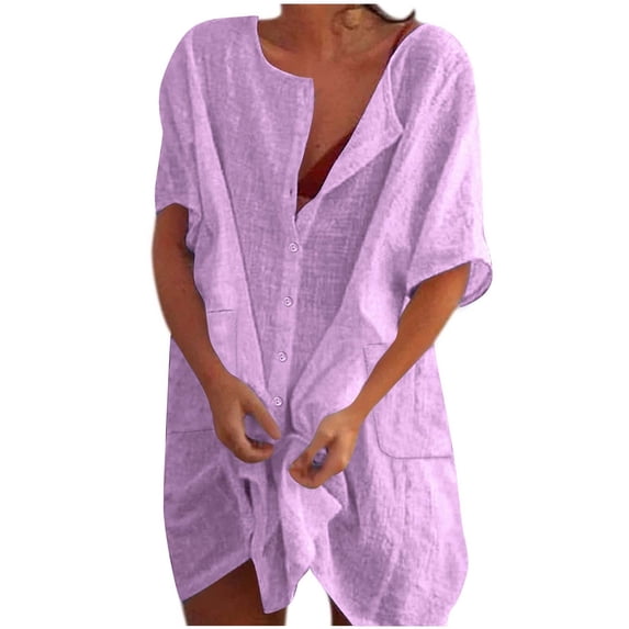 Beach Mini Dress with Pockets Cover Ups Women Short Sleeve Linen Button Up Shirt Dress Swimwear Coverups Dress, Purple XL