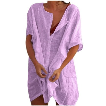 Beach Mini Dress with Pockets Cover Ups Women Short Sleeve Linen Button Up Shirt Dress Swimwear Coverups Dress, Purple XXL
