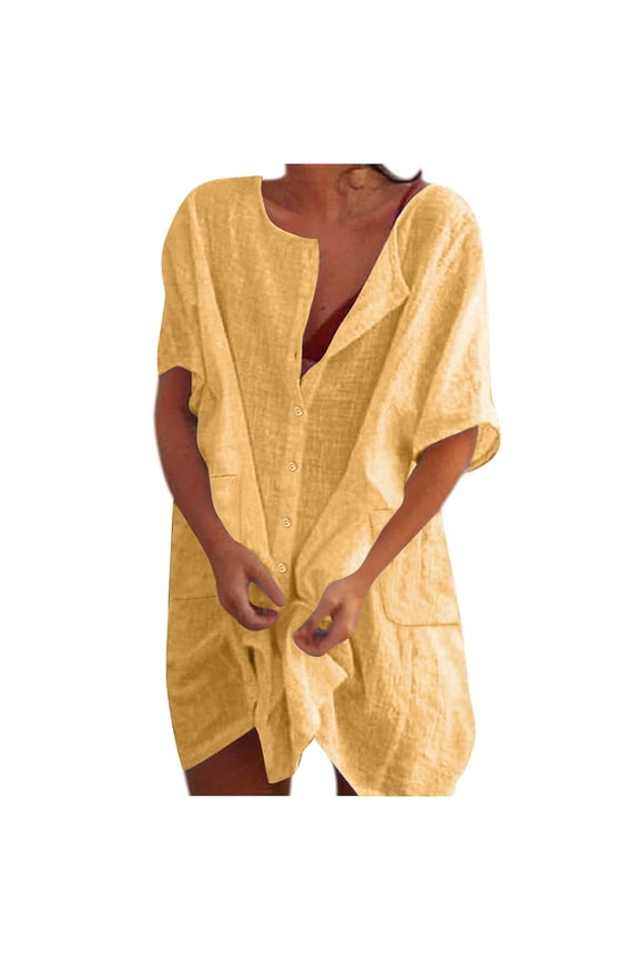 Beach Mini Dress with Pockets Cover Ups Women Short Sleeve Linen Button Up Shirt Dress Swimwear Coverups Dress, Yellow XXL