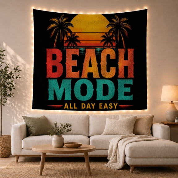 Beach Mode Sunset with Palm Tree Silhouettes, Playful Retro Style for Beach Lovers, Coastal Wall Art, Housewarming Gift, Tapestry Wall Hanging for Bedroom and Dorm