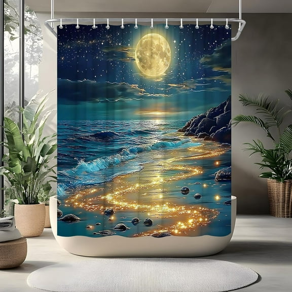 Beach Moonlight Shower Curtain Ocean Coastal Blue Gold Starry Night Sky Sea Waves Full Moon Nature Scenery Bathroom Curtains Set Polyester Fabric with Hooks-72"W x 72"L (Pack of 1)