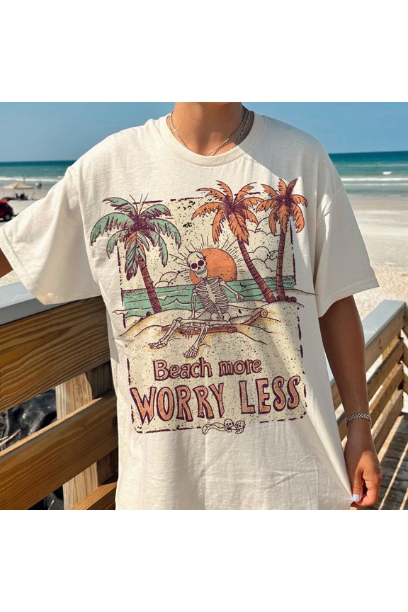 Beach More Worry Less T-Shirt, Retro Summer Vibes Tee, Palm Tree and Sun Shirt, Trendy Beach Skull Outfit, Vacation Mood Shirt