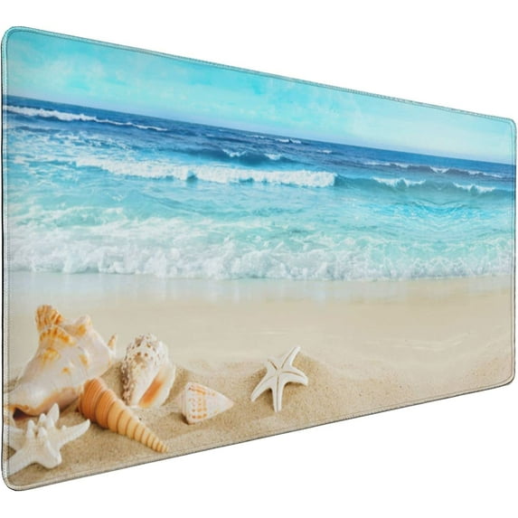 Beach Mouse Pad 35.4 X 15.7 Inch XXL Summer Beachy Starfish Sea Wave \u200bBlue and Tan Print Full Desk Mousepad Extended Large Non-Slip Rubber Base Keyboard Mat with Stitched Edges for Gaming Office