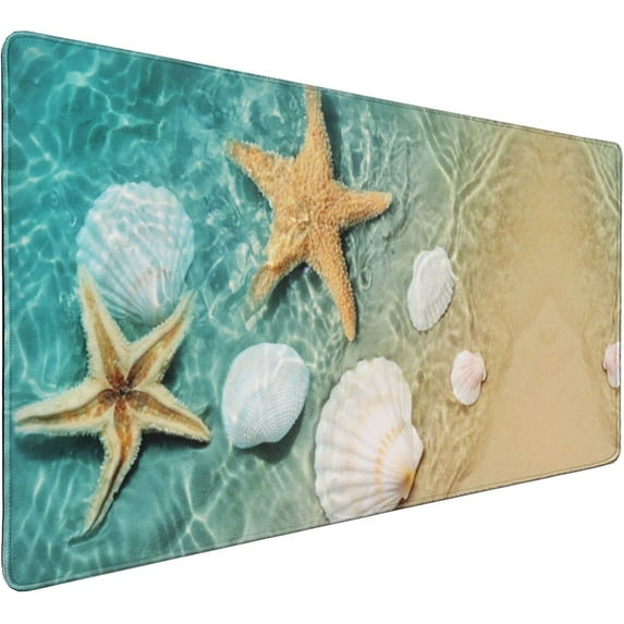 Beach Mouse Pad 35.4 X 15.7 Inch XXL Summer Starfish Beach Themed Teal and Tan Print Full Desk Mousepad Extended Large Non-Slip Rubber Base Keyboard Mat with Stitched Edges for Gaming Office