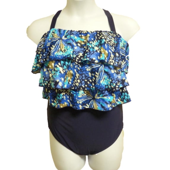 Beach Native Classic Womens Blue Ruffled 1 Piece Blouson Swimsuit Plus Sizes 20