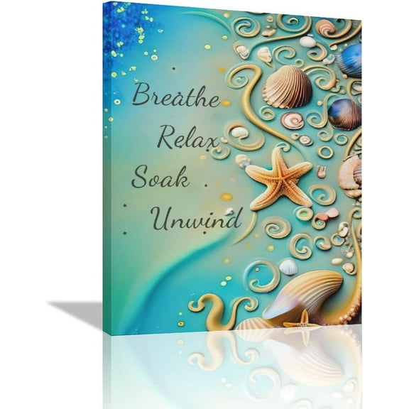 Beach Nautical Bathroom Wall Art Ocean Coastal Seashell Starfish Pictures Wall Decor Shell Breathe Relax Soak Unwind Canvas Painting Prints Modern Artwork Home Decor for Bedroom Living Room 12"x16"