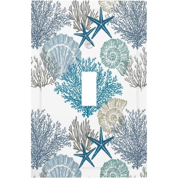 Beach Nautical Ocean Starfish Light Switch Cover Sea Coastal Coral Seashell Blue Decorative Wall Plate 1 Gang Single Toggle Electrical Outlet Faceplate for Bathroom Kitchen 5" x 3"