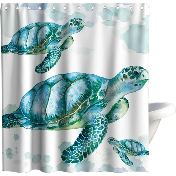 Beach Nautical Sea Turtle Theme Fabric Shower Curtain Sets Ocean Family Bathroom Decor with Hooks Waterproof Washable 72 x 84 inches White Blue and Green