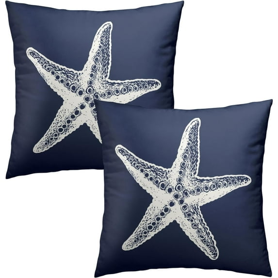 Beach Navy Blue Starfish Throw Pillow Cover 20x20 Inch Pack of 2 Summer Blue White Sea Star Cushion Pillow Case Square Cotton Nautical Coastal Pillowcase for Party Bed Sofa Home Car Bedroom Outdoor