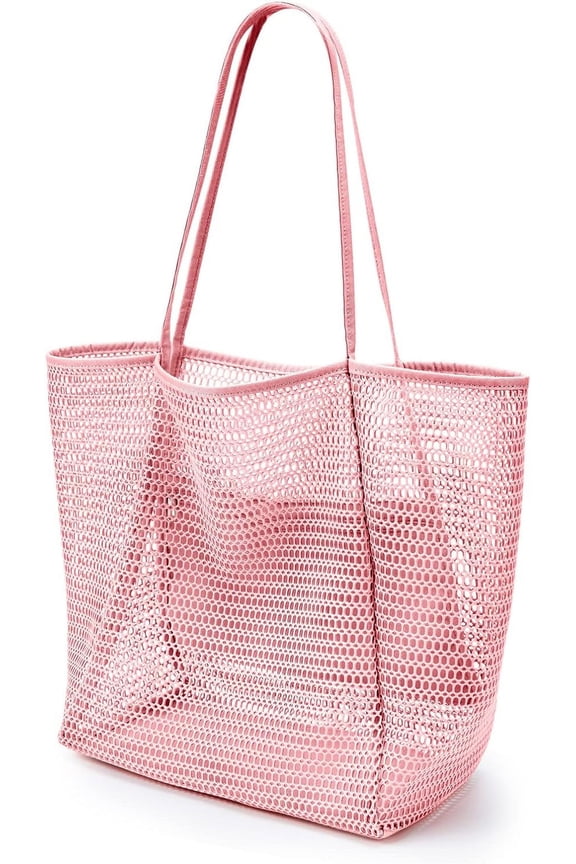 Beach Nylon Mesh Tote Bag, Casual Tote Bag Women Foldable Max 23L Shoulder Bag, Sandproof Woven Shoulder Handbag, for Beach Picnic Vacation, Pink