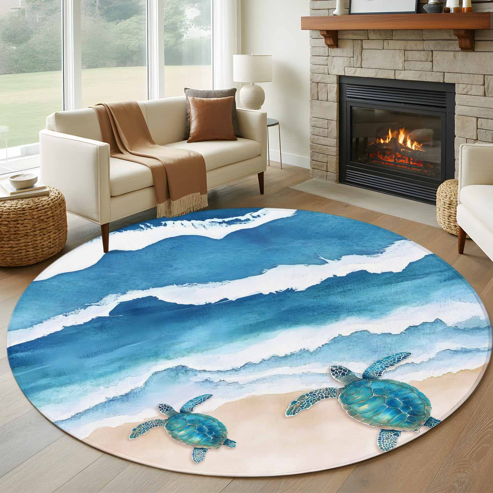 Beachy Round Rug Beach Ocean 8FT Round Area Rugs for Living Room Blue Waves Abstract ...