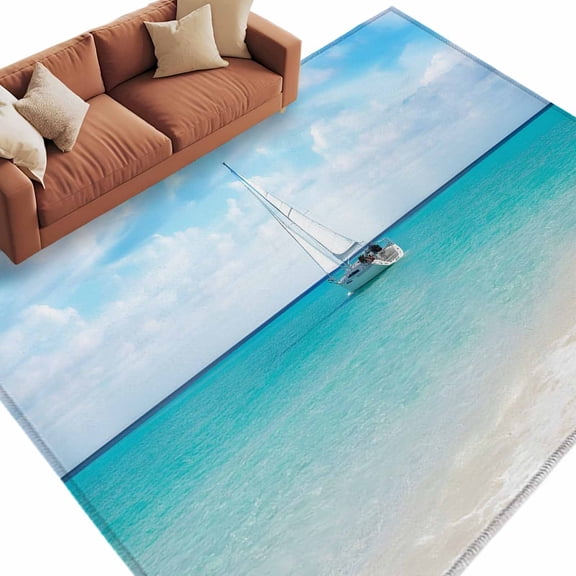 Beach Ocean Area Rug 5x8 Washable Rug Non Slip Nautical Ship Blue Sky Nature Scenery Large Area Rug Soft Stainresistant Indoor Floor Carpet for Living Room Bedroom Home Office Dining Room Nursery